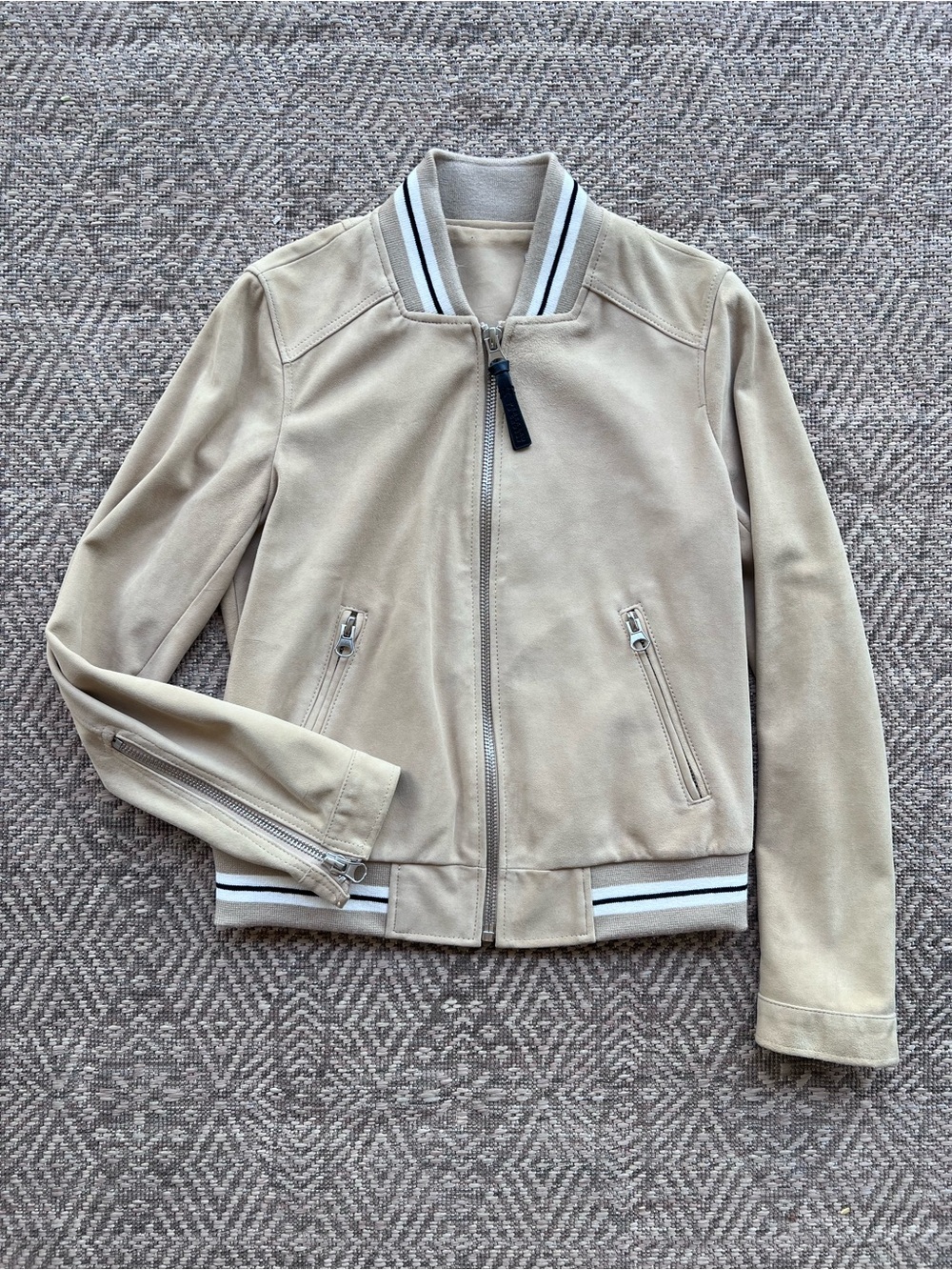 Derek Lam Goat Suede Bomber Jacket Cream Varsity Leather Jacket XS